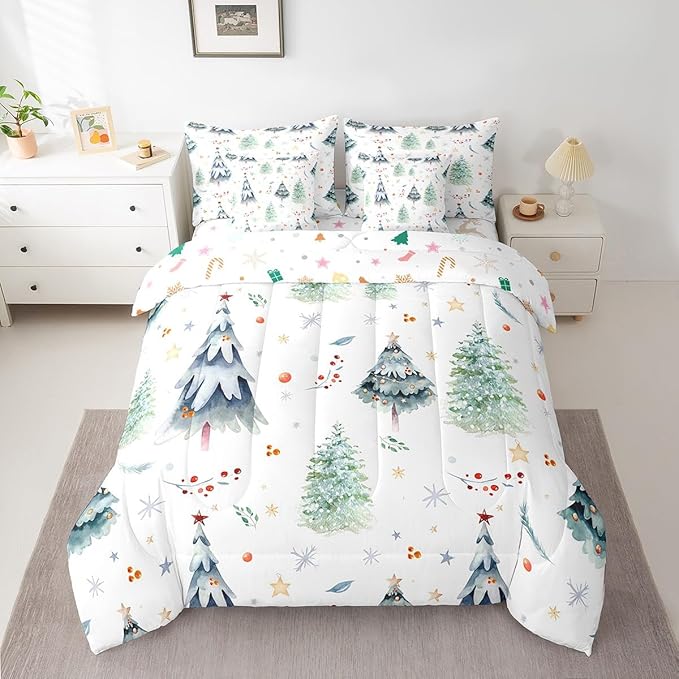 Feelyou Christmas Bed Set Xmas Tree Comforter Set with Sheets Snowflake Watercolor Blue Bed in a Bag for Kids Boys Girls Room Decor New Year Theme Bedding Set Bedroom Collection Queen Size
