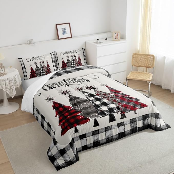 Christmas Trees Kids Comforter Set Full Size,Geometric Grids Ink Tie-dye Bedding,Girls Boys Adults Bedroom/Xmas Cabin Decor,Rustic Vintage Down Comforter,Black Grey Retro Duvet Insert,2 Pillowcases