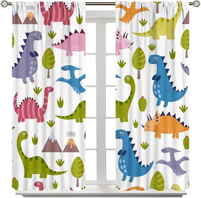 Dino Curtains, Cartoon Style Colorful Dinosaurs Pattern Blackout Window Treatments, Rod Pocket Thermal Insulated Drapes 2 Panel Sets for Kids Bedroom Nursery Classroom, 52" W X 84" L