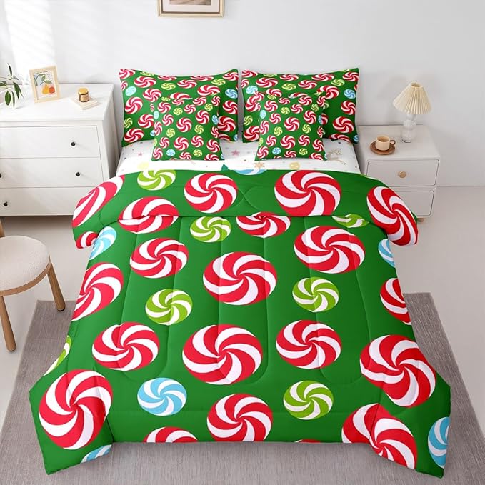 Feelyou Christmas Candy Comforter Set Queen Size 7 Pieces Cute Swirl Candy Bedding Set for Kids Boys Girls Red and Green Blue Sweet Bed in a Bag Reversible Xmas Decor Bedroom Quilted Breathable Soft