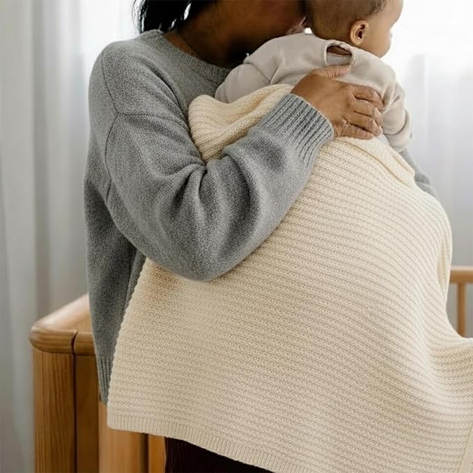 Baby Knit Blanket, 100% Cotton Waffle Patterns, Soft, Cozy, Lightweight Swaddle for Newborn & Infant Swaddling Beige Neutral, Perfect Baby Shower Ideas Cream 30x40