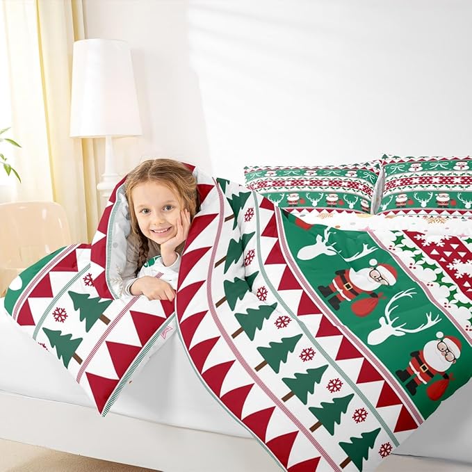 Feelyou Merry Christmas Tree Comforter Set Full Size Cute Snowman Bedding Set for Kids Boys Girls Santa Claus Duvet Quilt Cartoon Bowknot Bedroom Decor Microfiber 3 Pcs with 2 Pillow Cases