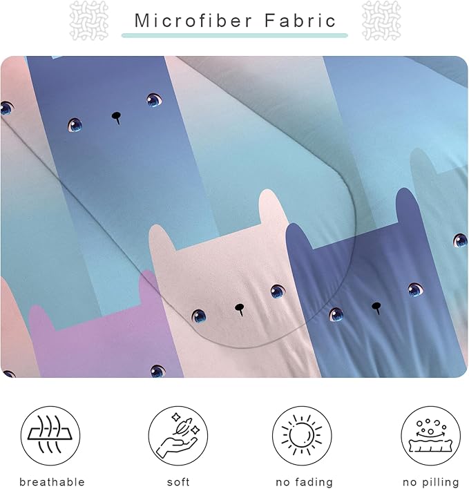 Cat Comforter Set Full: Kawaii Gradient Cats Print Bedding Set Full Size for Teen Girls Kids Room Decor Blue Pink Cute Kittens Quilt Bed Sets 1 Comforter & 2 Pillowcases