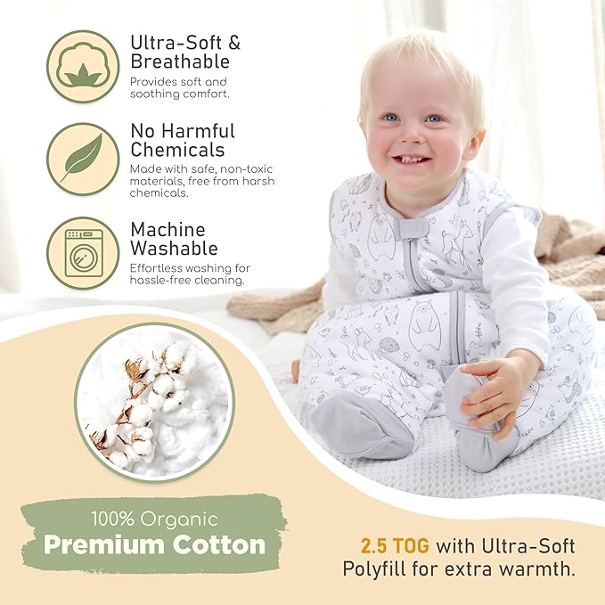 Mama Cheetah Toddler Sleep Sack with Feet 2T, 2.5 TOG Organic Cotton Baby Sleeping Bag with Legs, Winter Baby Wearable Blankets for Early Walker M