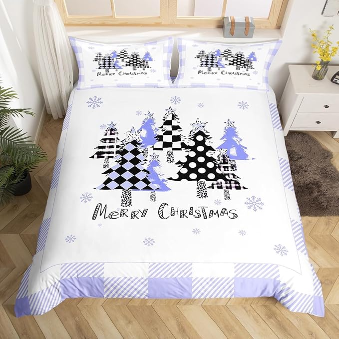Manfei Xmas Trees Duvet Cover Set Full Size, Blue Plaid Grid Snowflake Bedding Set for Kids Girls Boys Room Decor, Christmas Theme Comforter Cover New Year Quilt Cover with 2 Pillowcases, No Comforter