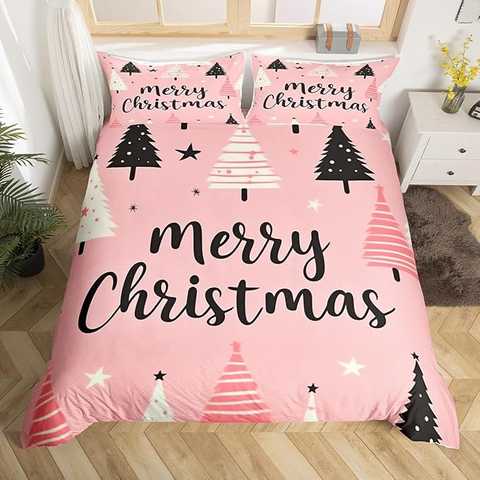 Feelyou Merry Christmas Bedding Set Christmas Tree Duvet Cover for Kids Boys Girls Stars Print Comforter Cover Pink Christmas Bedspread Cover with 1 Pillowcase 2Pcs Bedding Twin,No Comforter