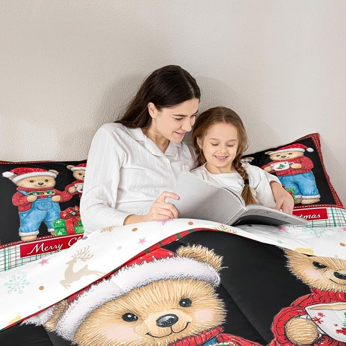 Feelyou Merry Christmas Bedding Set Soft for Boys Girls, Cute Bear Comforter Set Twin Size Duvet Quilt Microfiber Winter Bedroom Decor 2 Pcs with 1 Pillow Cases