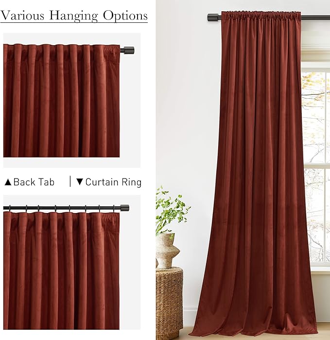 StangH Theater Velvet Curtains, Rust Red Home Decor Blackout Privacy Drapes 96 inches for Christmas Backdrops/Living Room/Bedroom, W52 x L96, 2 Panels