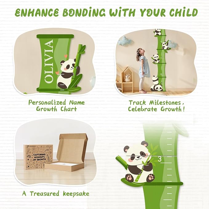 Personalized Name Growth Chart, Bamboo Panda Wooden Height Chart, Thick Height Measuring Board, Kids Height Tracker for Nursery Decor, Baby Boy Girl Measurement Ruler