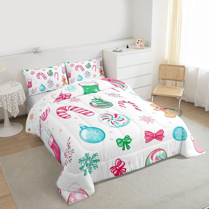 Feelyou Candy Cane Comforter Set Twin Size Christmas Ornament Bedding Set for Kids Boys Girls Snowflake Duvet Quilt Festive Bow Bedroom Decor Christmas Stocking Microfiber 2 Pcs with 1 Pillow Cases