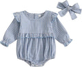 Karuedoo Newborn Baby Girl Clothes Gingham Plaid Bubble Romper Long Sleeve Ruffle Bodysuit with Headband Spring Fall Outfit