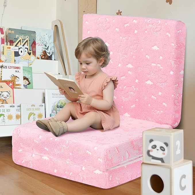 MeMoreCool Glow Unicorn Kids Foldable Floor Mattress – 75x25 Inch Pink, Trifold Nap Mat & Floor Bed | Portable Futon for Toddlers | Includes Storage Bag | Glow in The Dark