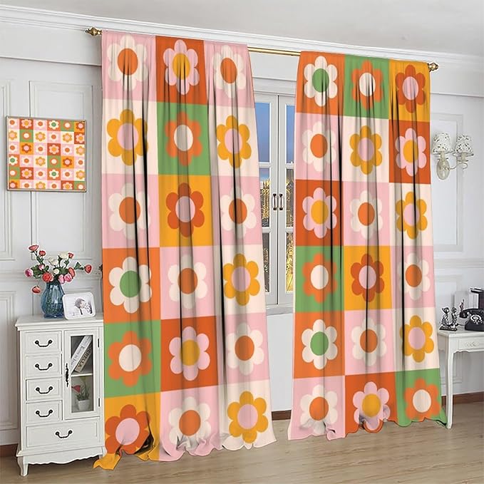 70s Flowers Curtains,Vintage Cute Colorful Abstract Floral for Girls Kids Bedroom Bathroom Curtains Window,Trendy Groovy Funky Novelty Home Window Treatments Drapes 42"" W X 63"" L, Style-5