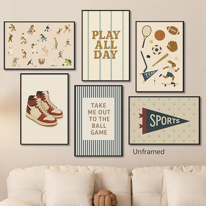 Sports Posters for Boys Bedroom, Boy Nursery Canvas Wall Art, Cute Animal Athletes & Sports Equipment Pictures, Charming Quotes Take Me Out To The Ball Game Play All Day Print 12x16in Framed