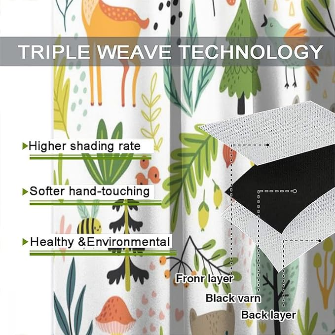 Cartoon Forest Kids Blackout Curtains,Cute Woodland Wild Animals Colorful Deer Plants Trees Print Pattern Thermal Insulation Window Drapes for Nursery Boys Girls Bedroom,White Background 52x84in