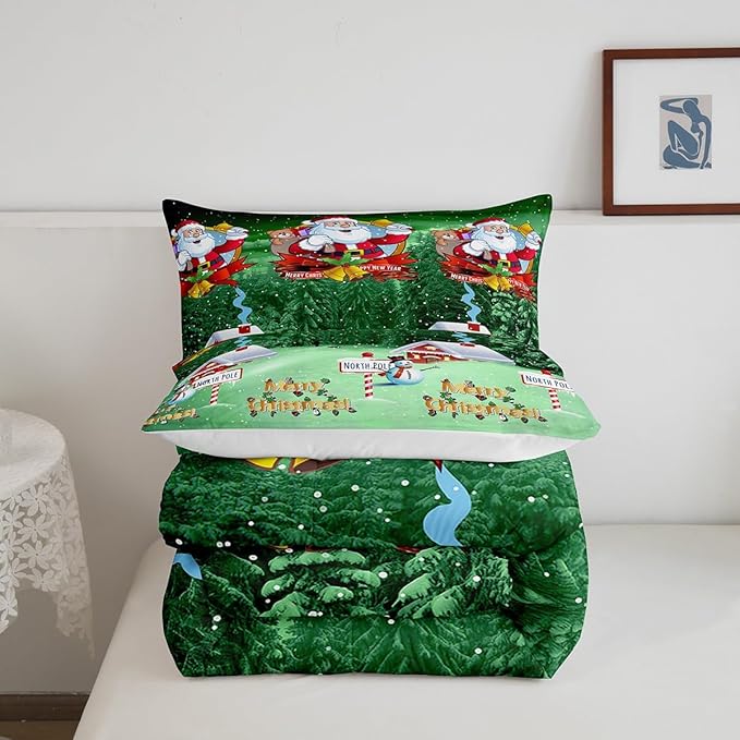 Feelyou Santa Claus Printed Comforter Set Christmas Bedding Set for Kids Boys Girls Galaxy Blue Cute Decor Comforter Snowman Snowflake Quilt Collection 3Pcs Queen Size