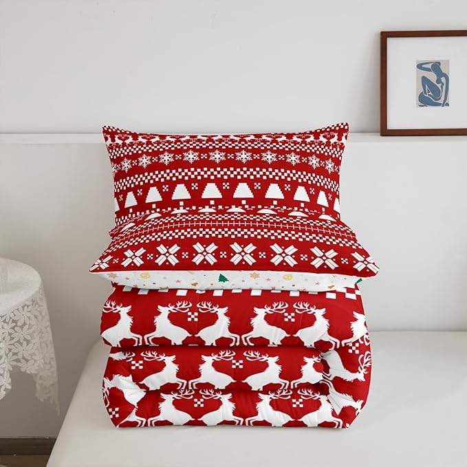 Feelyou Red Christmas Bedding Set for Kids Boys Girls Queen Size Xmas Deer Decor Comforter Set Ultra Soft Xmas Snowflake Comforter Winter Duvet Quilt Bedroom Decor Christmas Decor Quilt