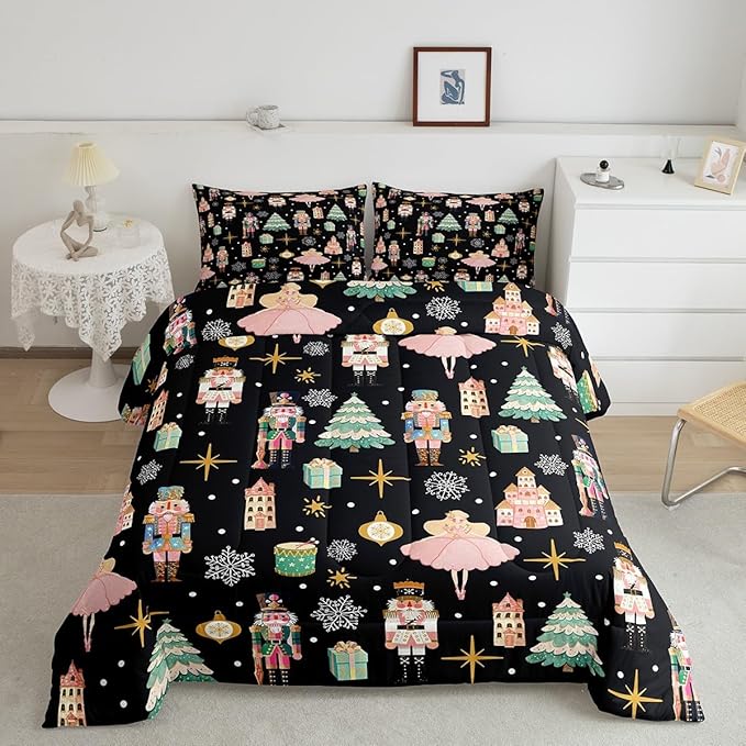 Erosebridal 7Pcs Black Christmas Comforter Set King Size,Nutcracker Bedding Set,Xmas Snowflake Stars Bed in A Bag,Romantic Princess Castle Quilt with Flat Fitted Sheet