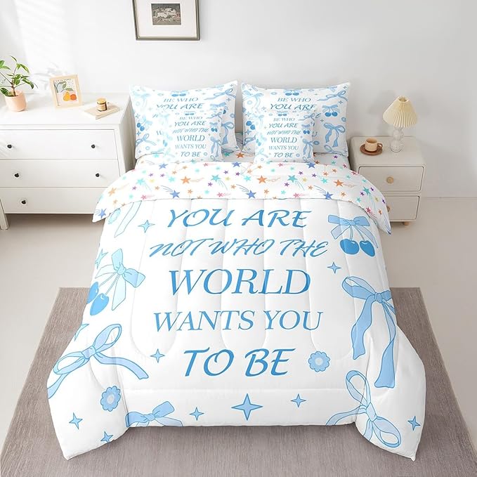 7 Pieces Blue Bowknot Kids Comforter Set King,Cherry Tropical Fruit Cartoon Princess Bedding Set,Bow Tie Stars Daisy Cute Blue Dreamy（Comforter+Fitted+Flat Sheet+2 Pillowcases+2 Throw Pillow Covers）