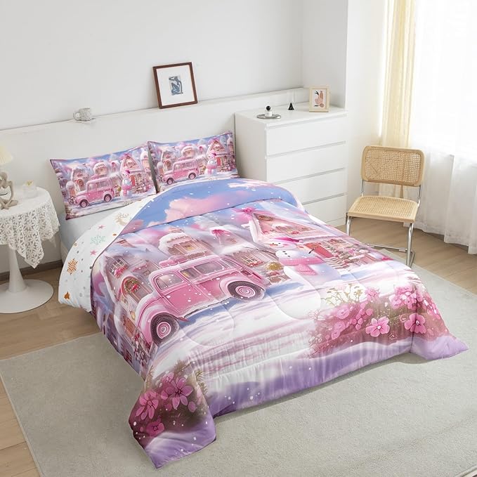 Manfei Christmas Comforter Set Queen Size, Pink Truck Flower Snowman Bedding Set for Kids Girls Room Decor, New Year Theme Down Comforter, Lightweight Duvet Insert, 2 Pillowcases
