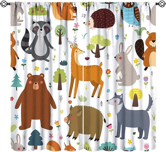 Forest Animals Kids Blackout Curtains Cartoon Cute Bear Deer Squirrel Owl Hedgehog Modern Art Print for Boys Girls Bedroom Living Room Nursery Rod Pocket Decoration Window Drapes 2 Panels W31.5xL72in