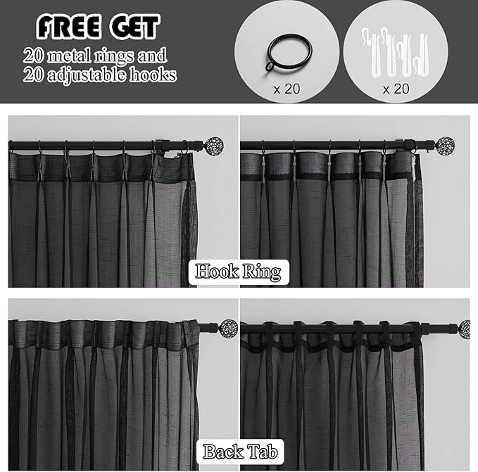 Black Linen Look Pinch Pleated Sheer Curtains 108 Inches Long 2 Panels, 50 Inches Width, Rustic Textured Light Filtering Drapes, Dark Moody Floor to Ceiling Window Curtain with Hooks
