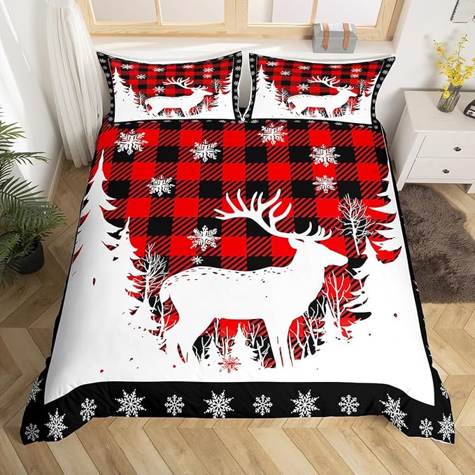 Manfei Christmas Duvet Cover Set Full Size, Xmas Deer Tree Snowflake Print Bedding Set 3pcs for Kids Boys Girls Bedroom Decor, Black Red Plaid Print Comforter Cover with 2 Pillowcases,No Comforter
