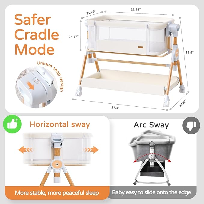 3 in 1 Baby Bassinet,Bedside/Rocking Bassinet for Baby,Bedside Crib with lockable Wheels,Waterproof Mattress,Adjustable 6 Heights,Portable Bassinets Bedside Sleeper for Newborn Infant-Beige