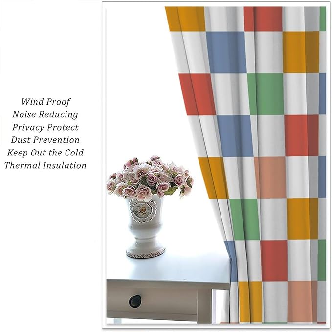 Retro Checkered Curtains,70s Vintage Twisted Checkered Window Drapes Colorful Groovy Trendy Wavy Hippie Grid Print Window Treatments for Kids Girls Bedroom Living Room Bathroom 55" W X 63" L