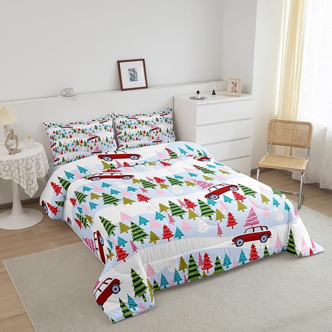 Feelyou Christmas Trees Bedding Set for Kids Boys Girls Toddler Size Christmas Truck Comforter Set Ultra Soft Winter Snowman Comforter Xmas Duvet Quilt Bedroom Decor Christmas Ornaments Quilt