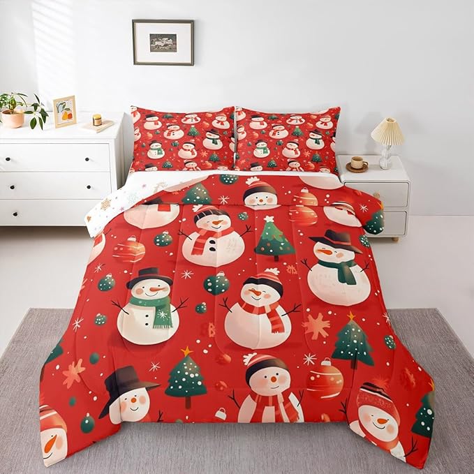 Feelyou Christmas Comforter Set Toddler Size Snowman Bedding Set for Kids Boys Girls Snowflake Duvet Quilt New Year Theme Bedroom Decor Microfiber 2 Pcs with 1 Pillow Cases