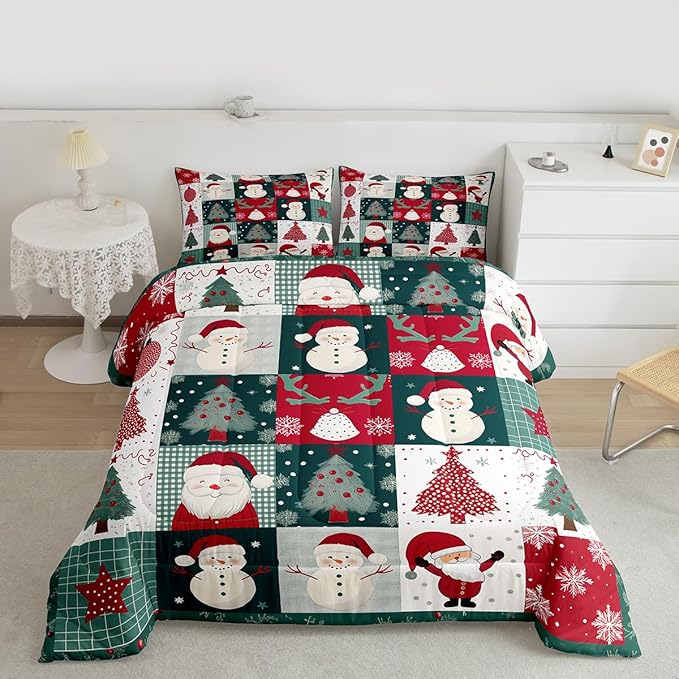 Feelyou Merry Christmas Comforter Set All Season Xmas Tree Snowman Bedding Set with 2 Pillow Cases Santa Claus Microfiber Kids Queen Bedclothes Patchwork Bedroom Decor Duvet Quilt Breathable Soft