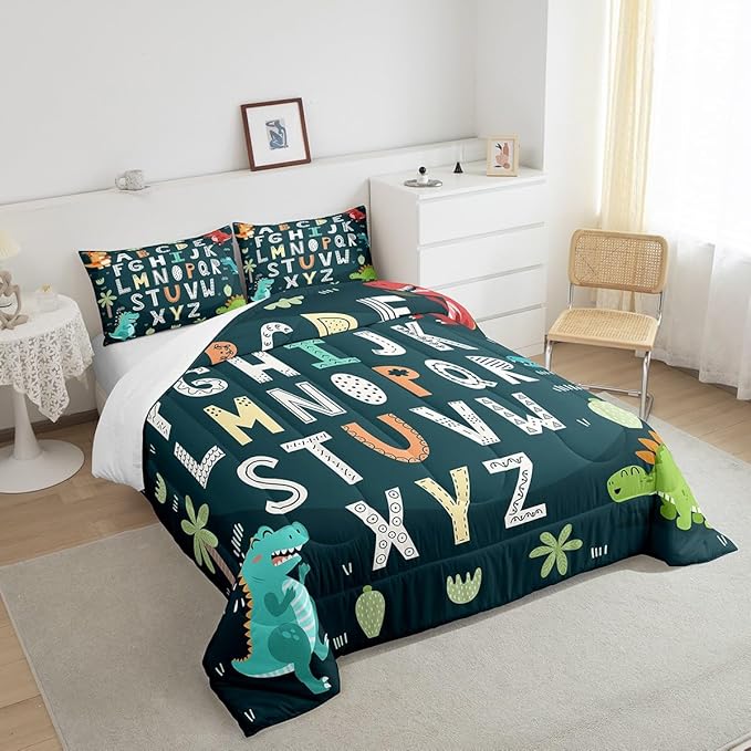 Feelyou Alphabet Kids ABC Learning Bedding Set King Size, Cartoon Dino Comforter Kids Educational Nursery Art Comforter Set for Boys Girls Jungle Dino Duvet Set Durable Bed Set 3Pcs