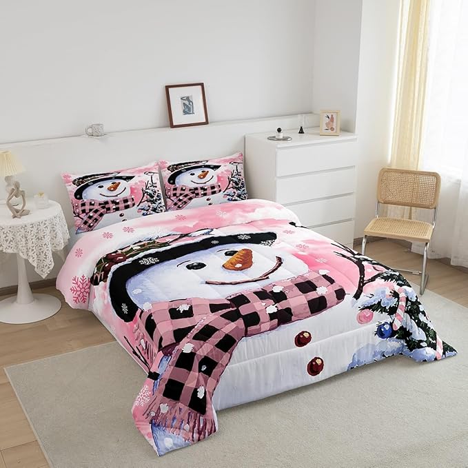 Feelyou Kids Christmas Theme Decorations Bedding Set Xmas Snowman Comforter Set for Boys Girls Snowflake Kawaii Cute Pink Bedroom Collection Twin Size