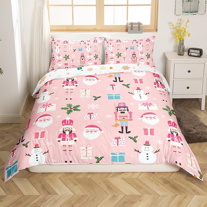 Pink Christmas Nutcracker Decorative Comforter Cover Toddler Size Xmas Cartoon Santa Claus Duvet Cover New Year Festival Snowman Snowflake Bedding Set Gifts for Kids Boys Girls 1 Pillow Case Pink