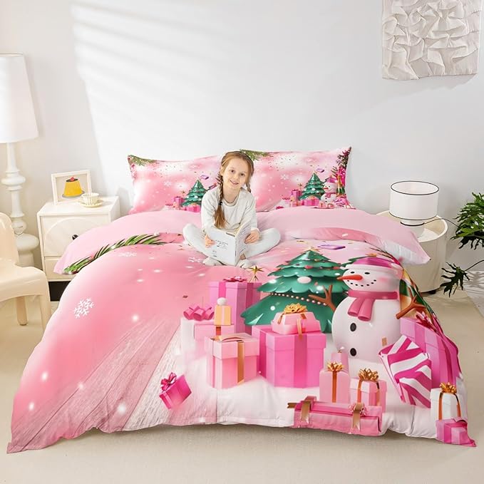 Christmas Bedding Set Kids Christmas Tree Snowman Xmas Theme Comforter Cover Set for Boys Girls Snowflake Duvet Cover Breathable Luxury Gift Boxes Bedspread Cover Room Decor Quilt Cover King Size