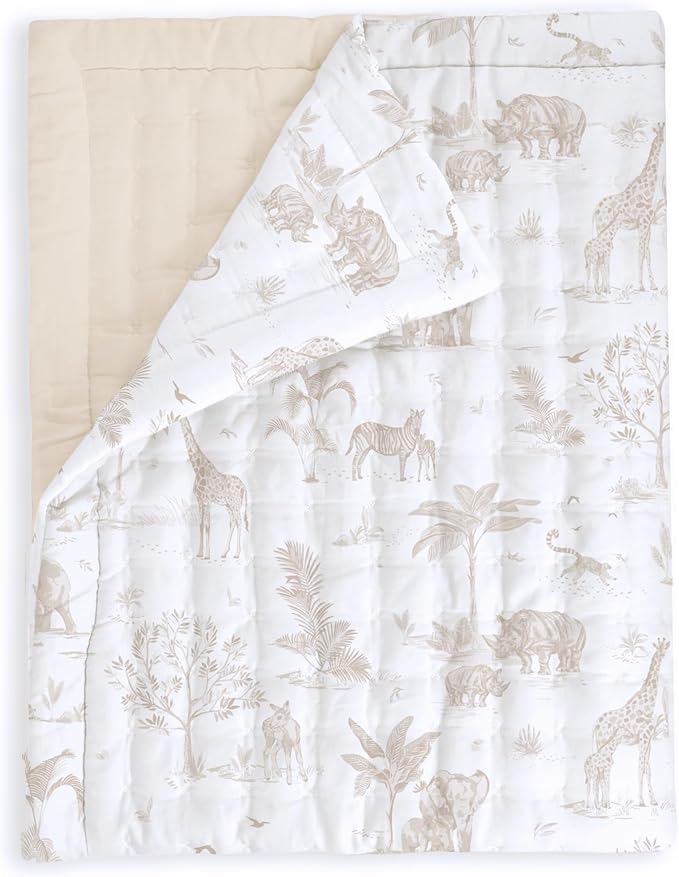 MakeMake Organics Organic Toddler Comforter GOTS Certified Organic Kids Blanket Cotton Infill Tufted - Reversible Ultra Soft Breathable Boys Girls (44"x60", Safari + Solid Oat)