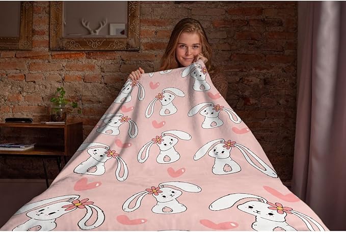 Thuswarm Cute Bunny Pink Flannel Throw Blanket Gifts Warm Cozy Soft Funny Print Blankets for Summer Room Decoration Bed Couch Sofa 80”×60” Large for Adult