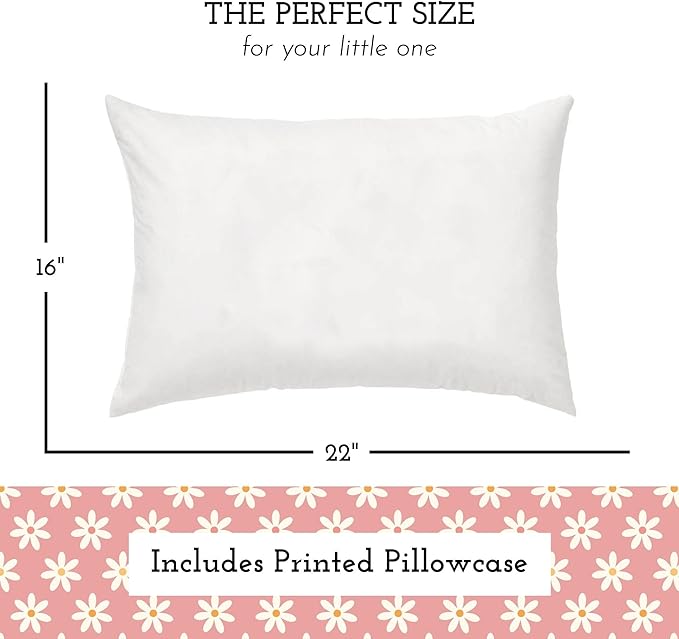 Little Sleepy Head Youth Pillow with Pillowcase 16x22, Soft Jumbo Toddler Pillows, Hypoallergenic Pillow Case - Best Kids Pillows for Sleeping, Perfect Kids Travel Pillows (Daisies)