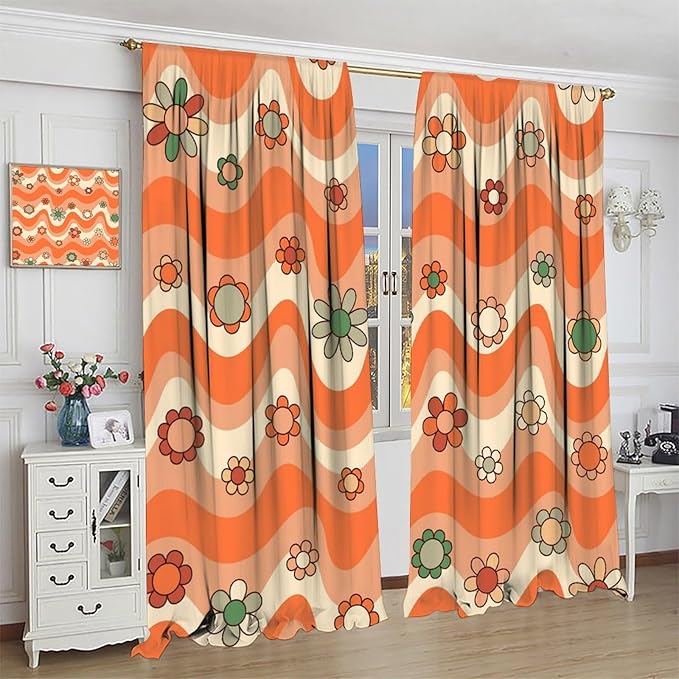 70s Boho Retro Curtains for Bedroom,Groovy Vintage Floral Rainbow Window Treatments Drapes for Kids Girls Window 42"" W X 54"" L, Style-6