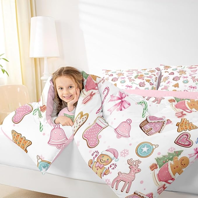 Cute Bow Tie Girls Bedding Set Twin Size,Pine Tree Merry Christmas Elk Deer Comforter Set,Bowknot Gingerbread Man Snowflake Quilt Comforter Teens,Pink White Colorful Room Decor All Season,1 Pillowcase