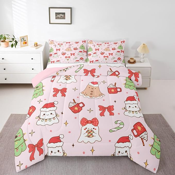 Feelyou Christmas Bedding Set Soft for Boys Girls, Cute Bow Comforter Set King Size Cute Ghost Duvet Quilt Microfiber Coquette Bow Knot Bedroom Decor Candy Print 3 Pcs with 2 Pillow Cases