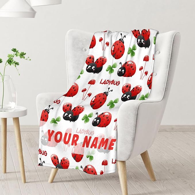 Custom Ladybug Throw Blanket - 50 x 60 Inches Cute Girls Gifts for Lady Bug Lovers - White Fuzzy Soft Decor for Sofa, Trip