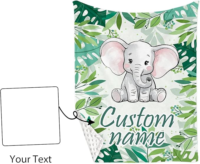 Custom Name Crib Bedding Set 3-Piece – Green Elephant Design Baby Bedding Set with Personalized Soft Blanket, Fitted Sheet, Changing Pad Cover – Ideal Newborn Gift for Boys and Girls