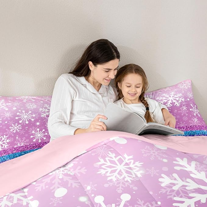 Feelyou Pink Snowflake Comforter Set Full Size Winter Snowflake Bedding Set for Kids Boys Girls Christmas Duvet Quilt Glitter Print Bedroom Decor Microfiber 3 Pcs with 2 Pillow Cases