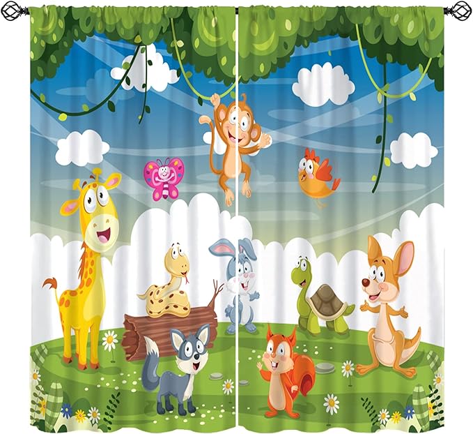 Animal Curtains, Cartoon Cute Woodland Jungle Forest Animals Pattern Blackout Window Treatments, Rod Pocket Thermal Insulated Drapes 2 Panel Sets for Kids Nursery Bedroom Classroom, 72" W X 63" L