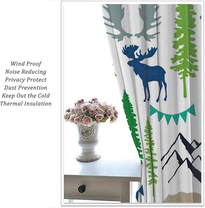 Forest Woodland Curtains, Wild Nature Bear Moose Deer Pine Trees Mountain Cabin Lodge Blackout Rod Pocket Windows Door Curtain for Bedroom Living Room Home Decor 42x45in