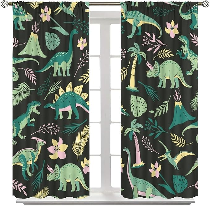 Dinosaurs Blackout Curtains Cartoon Cute Funny Dino Tropical Jungle Green Art Print for Kids Boys Bedroom Living Room Rod Pocket Decoration Window Drapes 2 Panels W31.5xL63in