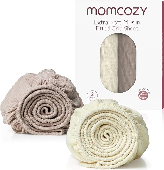 Momcozy Muslin Standard Fitted Crib Sheets, 52"x28", 2 Pack Soft Breathable Natural Cotton Baby Mattress Sheet, 360° Mattress Wrapping No Slip Boys Girls Neutral Toddler Bed Sheet, Beige Coffee Red