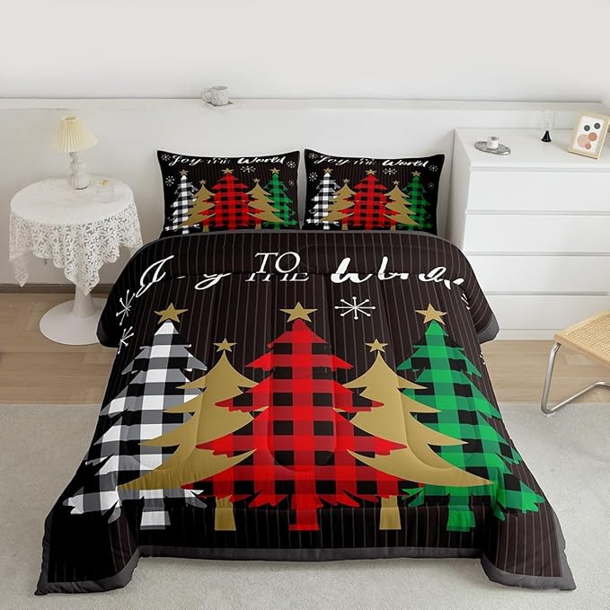 Christmas Kids Comforter Set Twin Size,Plaid Pine Trees Snowflake Bedding,Girls Boys Adults Bedroom/Xmas Cabin Decor,Geometric Lines Stylish Down Comforter,Rustic Colorful Duvet Insert,1 Pillowcase